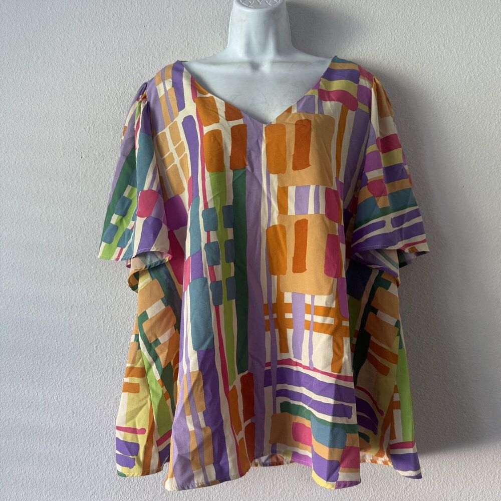 Emily Wonder 2X Blouse Abstract Geometric Art To Wear Colorful V-Neck Top Shirt
